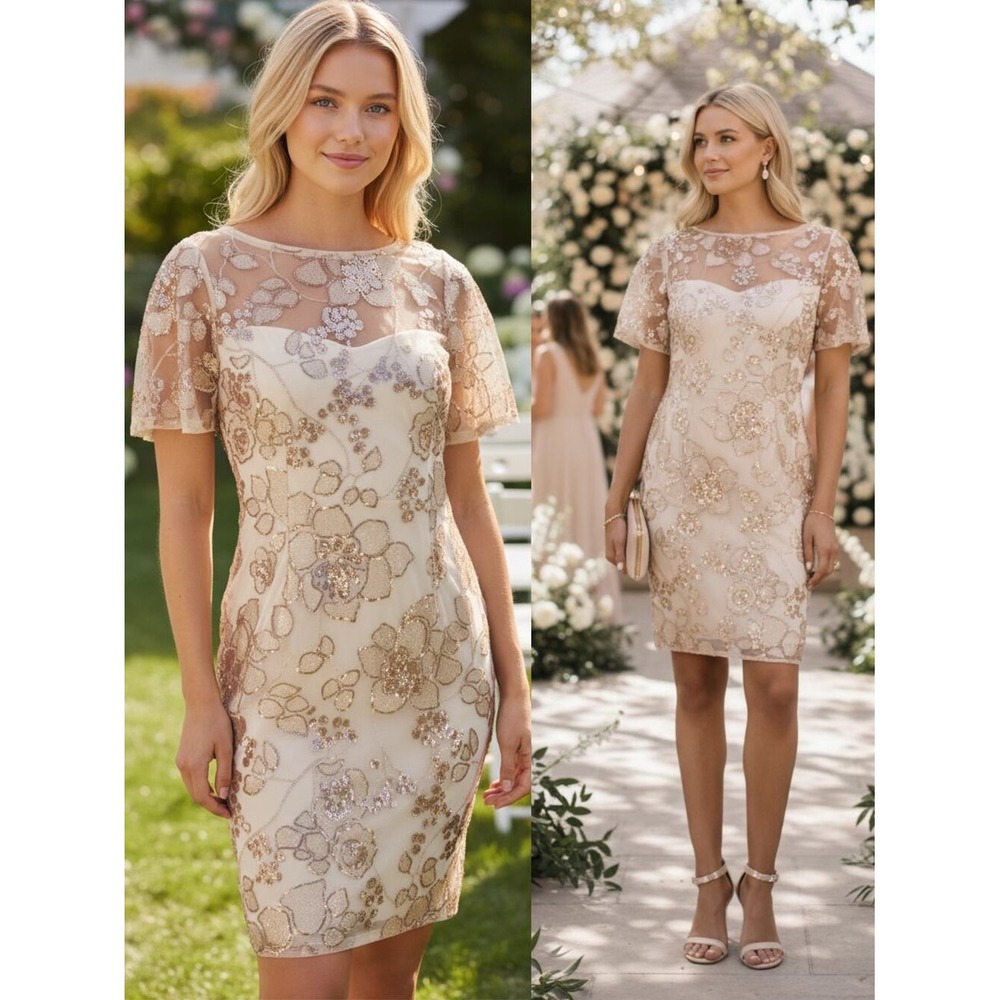 Adrianna Papell Dress 10 Gold Sequin Floral Wedding Guest Cocktail Party Cape